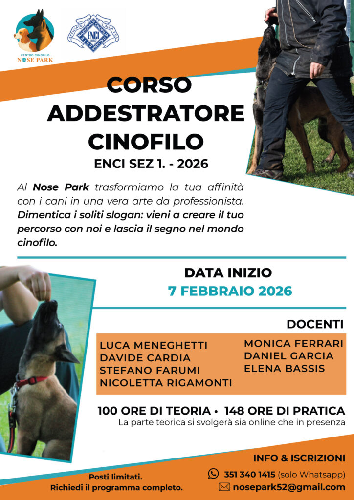 locandina del corso addestratore cinofilo riconosciuto ENCI in partenza a febbraio 2026 al Nose Park